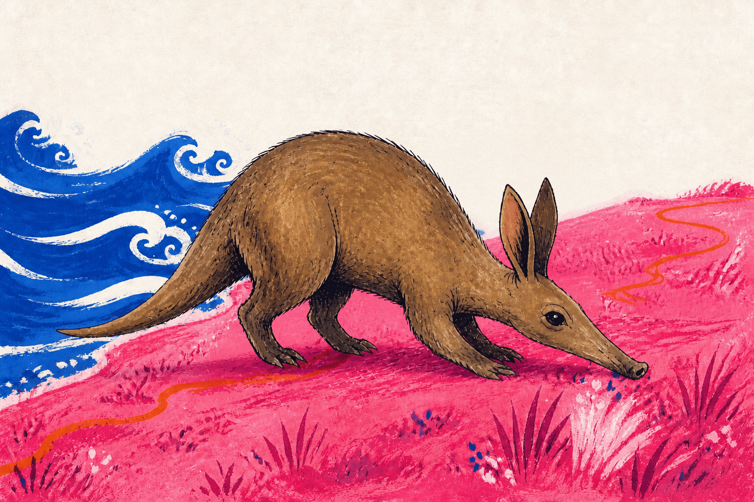 A screenprinted aardvark noses rightward along an orange trail between cobalt waves and vivid pink plants